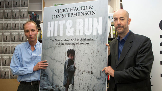 Authors Nicky Hager, left, and Jon Stephenson during the launch of their book, Hit & Run. New Zealand Herald photograph by Mark Mitchell