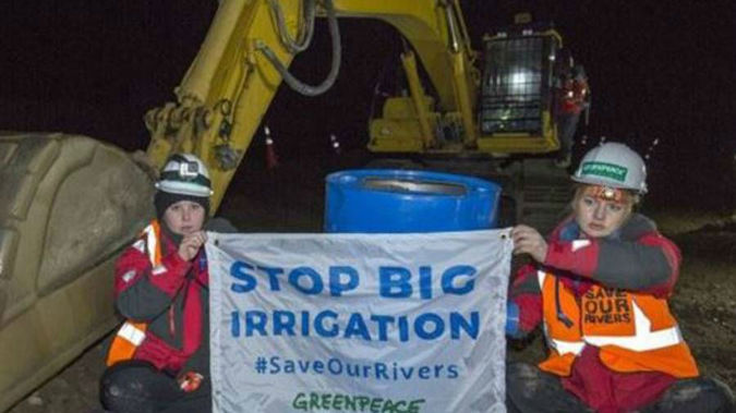It follows two recent protests in Canterbury, where activists chained themselves to irrigation equipment, and occupied the Central Plains Waters' dam. (Photo / via Greenpeace)