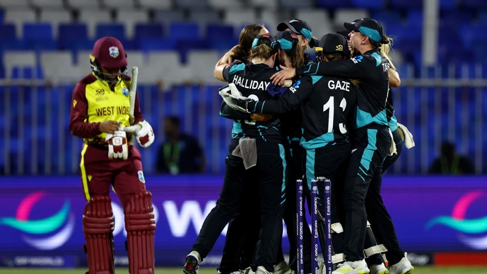 Players of New Zealand celebrate victory after defeating West Indies during the ICC Women's T20 World Cup Semi-Final 2024 match between West Indies and New Zealand at Sharjah Cricket Stadium on October 18, 2024 in Sharjah, United Arab Emirates. (Photo by Francois Nel/Getty Images)