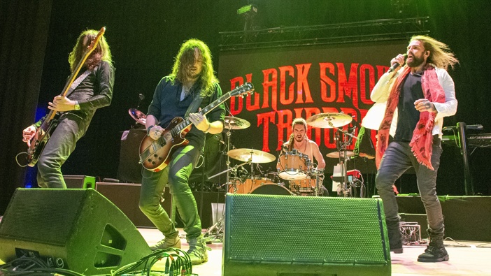 Dan Fulton, Baldrick, Josh Te Maro and Charlie Wallace of Black Smoke Trigger perform at The Halls Wolverhampton on May 16, 2024 in Wolverhampton, England. (Photo by Steve Thorne/Redferns)