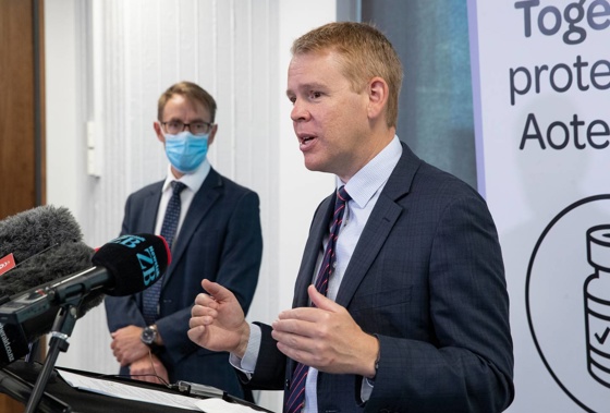 Covid-19 Response Minister Chris Hipkins during the press conference with director-general of health Dr Ashley Bloomfield. (Photo / Mark Mitchell)