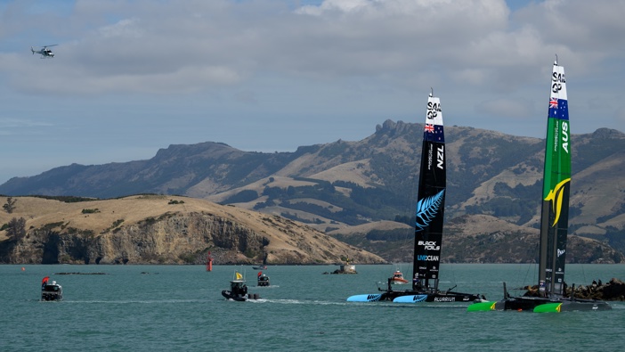Teams New Zealand and Australia (L-R) wait as dolphins on the course delay racing during SailGP on Saturday March 23, 2024. Photo / Kai Schwoerer | Getty Images