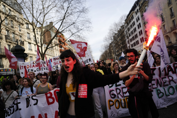 Students shout slogans during a demonstration against the government's plan to raise the retirement age to 64, in Paris Thursday, March 16, 2023. France's government invokes special constitutional power to enact contentious pension bill without a vote in parliament. Photo / AP