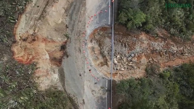 Drone footage of underslip at State Highway 25. Photo / Higgins