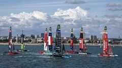 The Black Foils sat fourth after the opening day of racing in Great Britain. Photo / SailGP