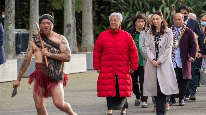 Sāmoan Prime Minister Fiamē Naomi Mata'afa, Prime Minister Jacinda Ardern, and the official party are led onto Parliament's forecourt during the pōwhiri. Photo / Mark Mitchell