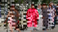 Sāmoan Prime Minister Fiamē Naomi Mata'afa, Prime Minister Jacinda Ardern, and the official party are led onto Parliament's forecourt during the pōwhiri. Photo / Mark Mitchell