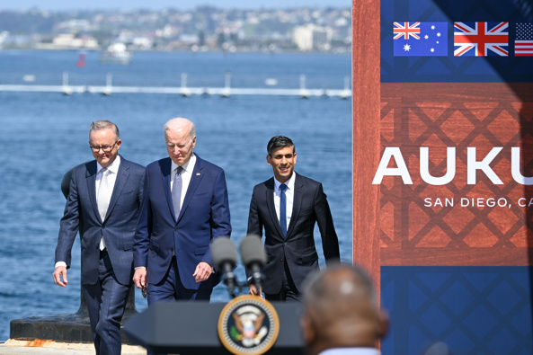 Anthony Albanese, Joe Biden, and Rishi Sunak at AUKUS partnership meeting. Photo / Getty Images