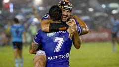 Former player Josh Curran and superstar Shaun Johnson celebrate after last years heroic comeback victory. Photo / Photosport