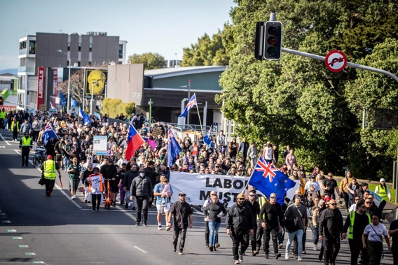 The protesters carried a variety of anti-Government and anti-vaccine placards. (Photo / Michael Craig)