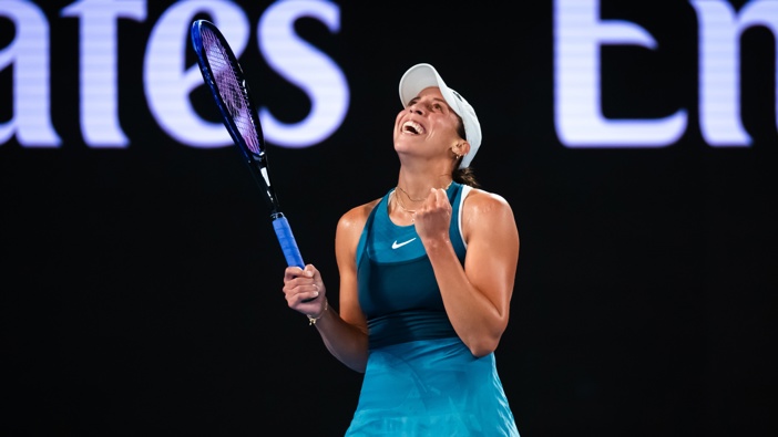 Madison Keys of the United States reacts to defeating Iga Swiatek of Poland in the semi-final on Day 12 of the 2025 Australian Open at Melbourne Park on January 23, 2025 in Melbourne, Australia (Photo by Robert Prange/Getty Images)
