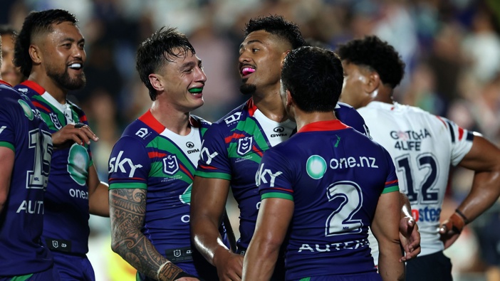 Ali Leiataua of the Warriors celebrates a try with Charnze Nicoll-Klokstad of the Warriors during the round three NRL match between New Zealand Warriors and Sydney Roosters at Go Media Stadium, on March 21, 2025, in Auckland, New Zealand. (Photo by Andy Jackson/Getty Images)