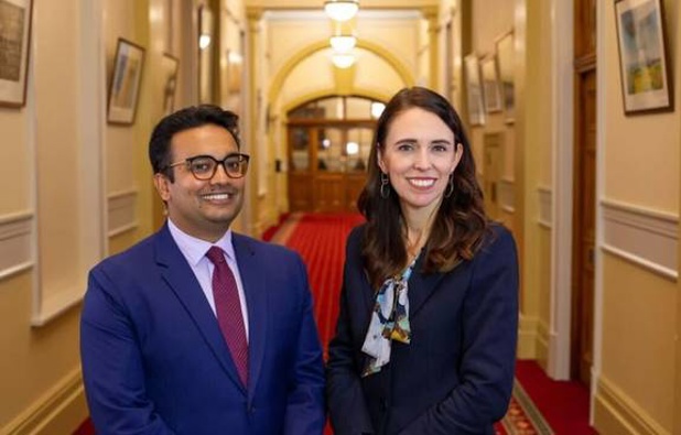 Former Labour MP Gaurav Sharma and Prime Minister Jacinda Ardern. Photo / NZ Herald