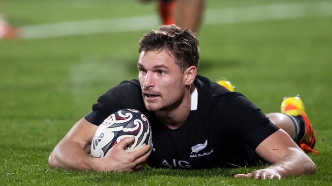George Bridge celebrates a try for the All Blacks against Tonga in 2021. Photo / Photosport