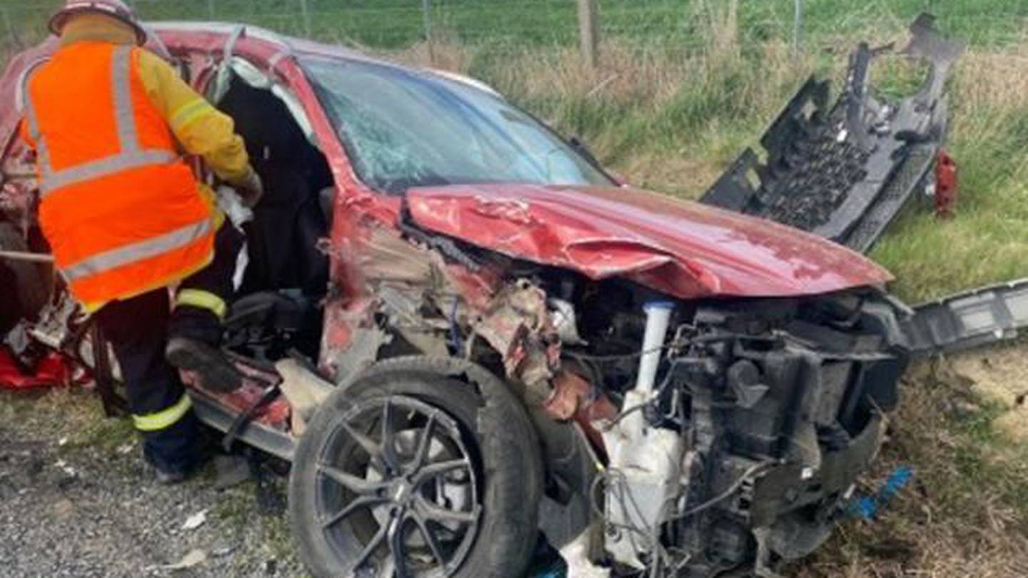 Nick McEwan's car was destroyed after a crash on State Highway 1 last year. Photo / Supplied