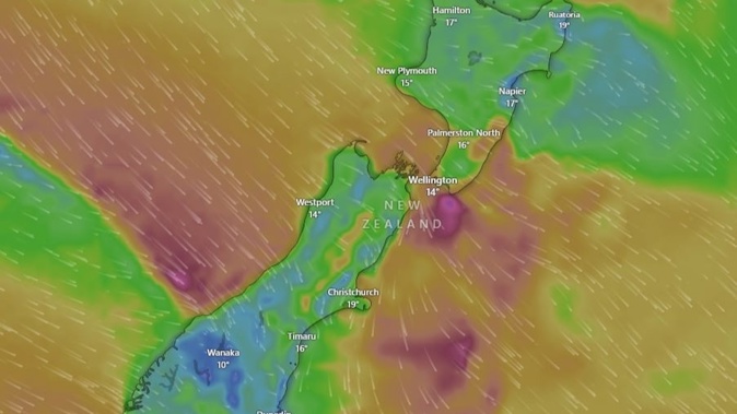 Winds are forecast to strengthen and wet weather is expected to spread across the country from tomorrow. Photo / Windy.TV