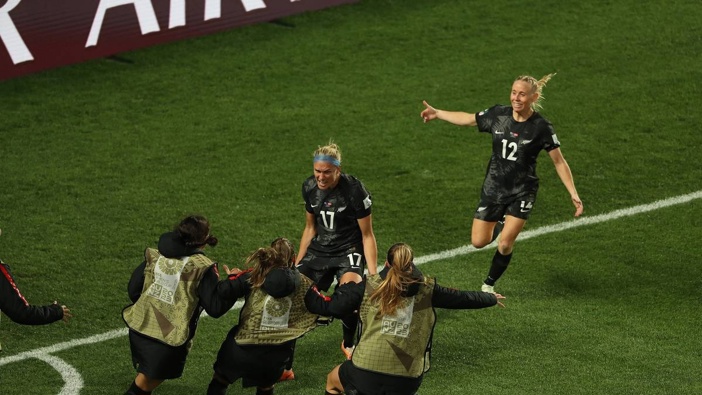 Hannah Wilkinson celebrates with the team after scoring against Norway. Photo / NZ Herald