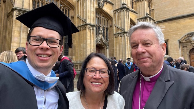 Graduate Dr Te Aro Moxon with his parents Lady Tureiti Moxon and Sir David Moxon at the graduation at Oxford University yesterday. Photo / Supplied