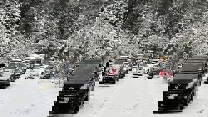 Cars stuck on Dunedin's Northern Motorway yesterday. Photo / ODT