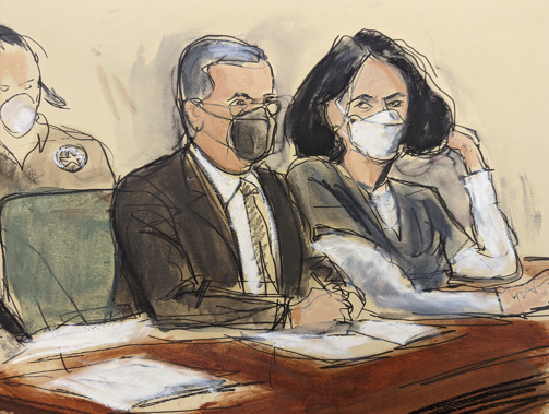 In this courtroom sketch, Ghislaine Maxwell, right, is seated beside her attorney, Christian Everdell, as they watch the prosecutor speak during her sentencing. Photo / AP