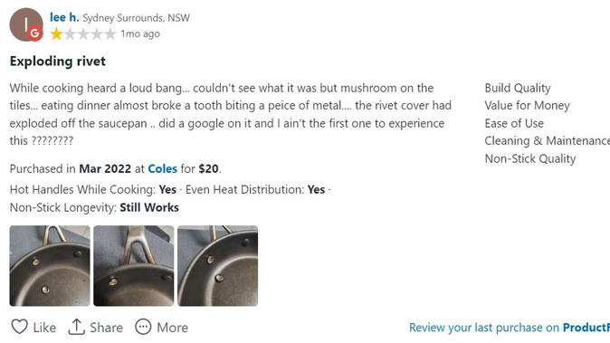 One of the many poor reviews about the Materchef range that was sold in Coles supermarket in Australia.