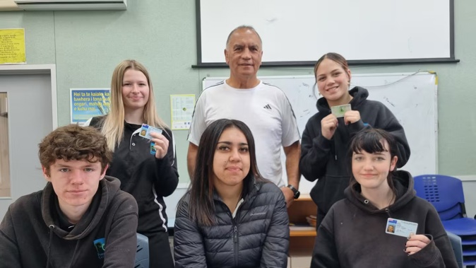 Driving instructor Lamen Hohaia (centre, back) with Astar Rapson Jones, Shanalae Thompson, Alex Bond-Kemp, Paetin Ogle and Sharlize Rankin. Photo / South Waikato Investment Fund Trust