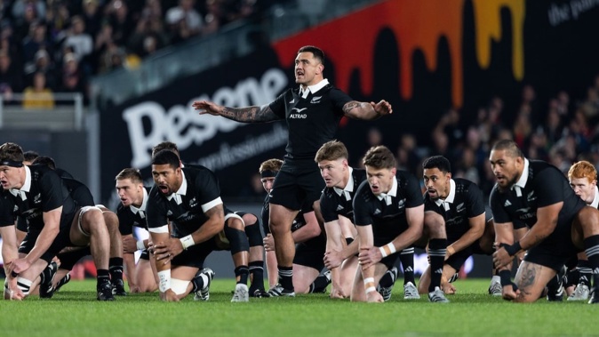 All Blacks Codie Taylor leads the haka. Photo / Photosport