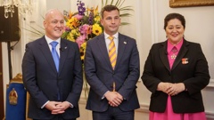 Prime Minister Christopher Luxon and Act leader and Associate Health Minister (Pharmac) David Seymour with Governor-General Dame Cindy Kiro after the swearing-in ceremony at Government House, Wellington. Photo / Mark Mitchell