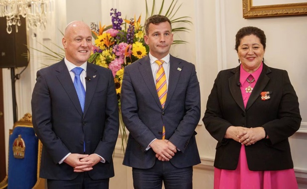 Prime Minister Christopher Luxon and Act leader and Associate Health Minister (Pharmac) David Seymour with Governor-General Dame Cindy Kiro after the swearing-in ceremony at Government House, Wellington. Photo / Mark Mitchell