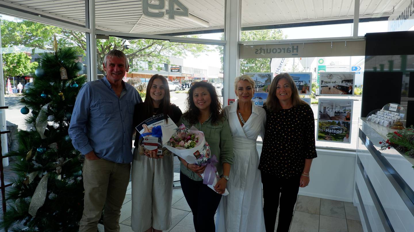 Celebrating Taupō's newest 'good sort' were (from left): Deputy Mayor Kevin Taylor, good sort Ellie Godwin, Pregnancy Help volunteer Jill Perea, Harcourt's Mary-Louise Johns and Pregnancy Help president Kim Roots. Photo / Milly Fullick