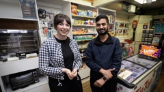 Ronark Patel, the manager at Ponsonby's BP 2go reunites with Alice Tolich, the "angel" paramedic who came to his rescue and tended to his injuries. Photo / Jason Oxenham.