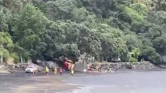 Emergency services respond to a structure collapse in Orua Bay. Photo / Supplied