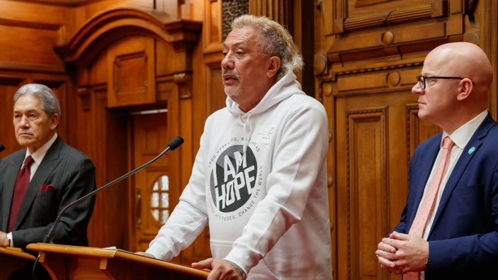 Mike King with Deputy Prime Minister Winston Peters and Mental Health Minister Matt Doocey after the pre-Budget announcement of a $24 million boost for Gumboot Friday. Photo / Mark Mitchell
