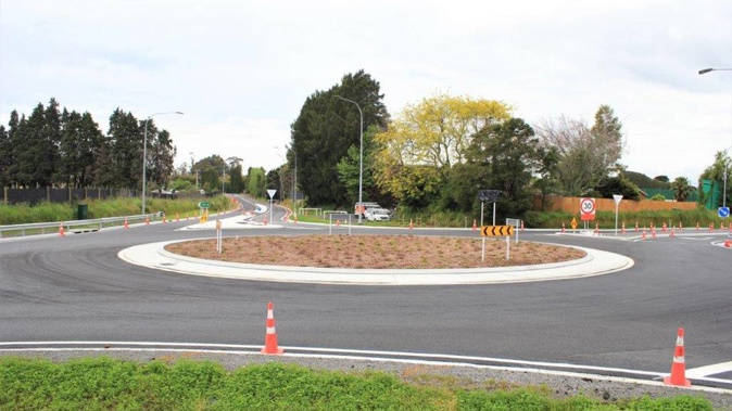 The roundabout at Rea and Tetley Rd is 24m in diameter and designed to slow traffic so vehicles can safely negotiate the intersection. Photo / Supplied