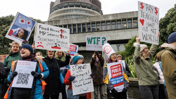 Striking teachers during their protest outside Parliament, Wellington, 20 August, 2025. Photo / Mark Mitchell