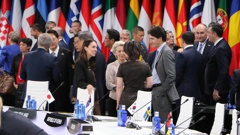 Prime Minister Jacinda Ardern meeting with EU Commission President Ursula von der Leyen and Canadian Prime Minister Justin Trudeau. Photo / Katie Scotcher-Pool