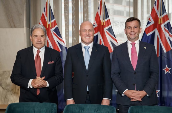 Winston Peters (left), Christopher Luxon (centre), and David Seymour (right) after signing their coalition agreement in 2023. Photo / Mark Mitchell