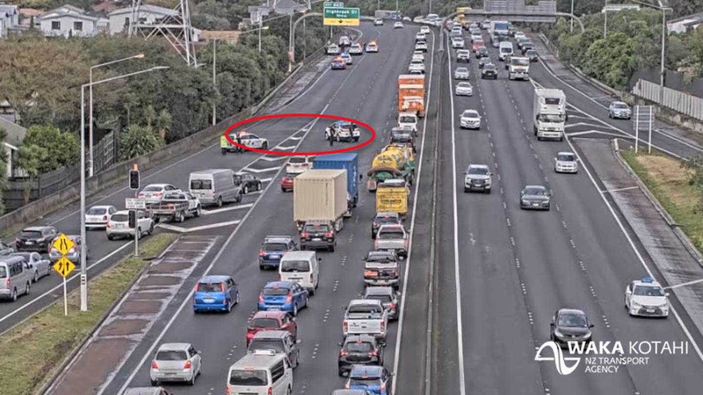 Auckland police have closed two lanes on the Southern Motorway after allegedly chasing a car across the city today. Photo / Supplied