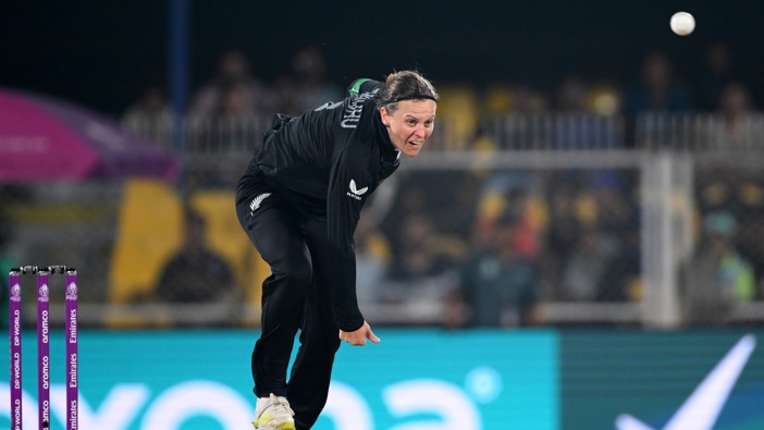 Lea Tahuhu of New Zealand bowls during the ICC Women's Cricket World Cup India 2025 match between New Zealand and Bangladesh at Barsapara Cricket Stadium on October 10, 2025 in Guwahati, India. (Photo by Matt Roberts-ICC/ICC via Getty Images)