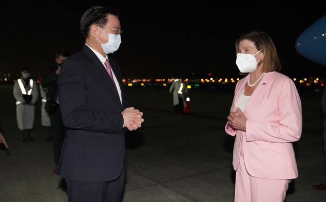 Nancy Pelosi, right, is greeted by Taiwan's Foreign Minister Joseph Wu as she arrives in Taipei. Photo / Taiwan Ministry of Foreign Affairs via AP