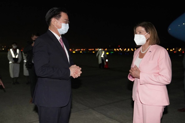 Nancy Pelosi, right, is greeted by Taiwan's Foreign Minister Joseph Wu as she arrives in Taipei. Photo / Taiwan Ministry of Foreign Affairs via AP