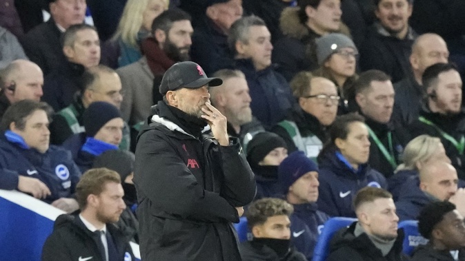 Liverpool's manager Jurgen Klopp reacts after Brighton's Solly March scored his side's second goal. Photo / AP