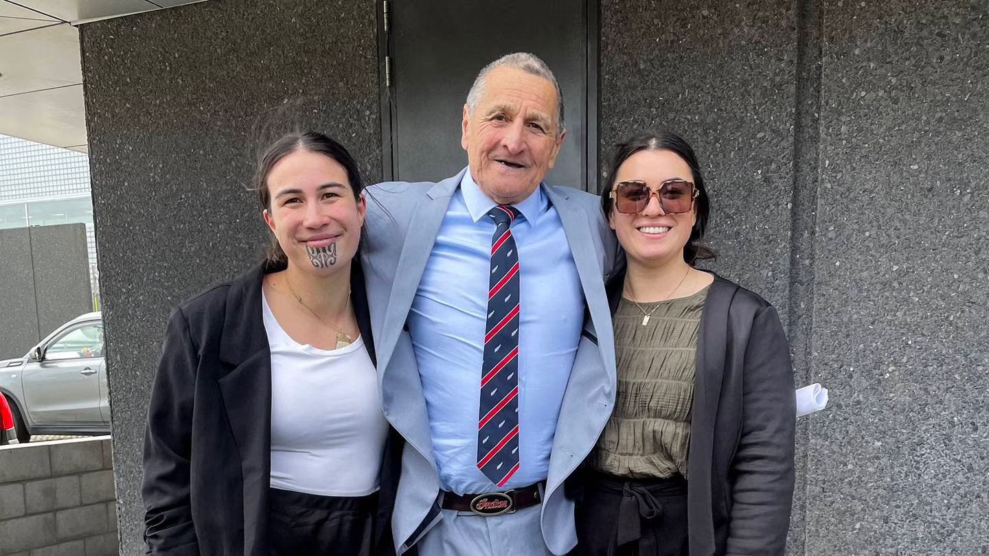 Robert Kururangi, aged 66 years, a former All Black with his daughters Gabbie Kururangi (left) and Ariel Kururangi. Kururangi was found not guilty of seven child sex abuse charges in the Manukau District Court.