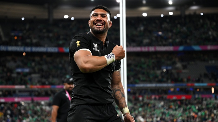 Ardie Savea of New Zealand celebrates victory at full-time following the Rugby World Cup France 2023 Quarter Final match between Ireland and New Zealand at Stade de France on October 14, 2023 in Paris, France. (Photo by Hannah Peters/Getty Images)