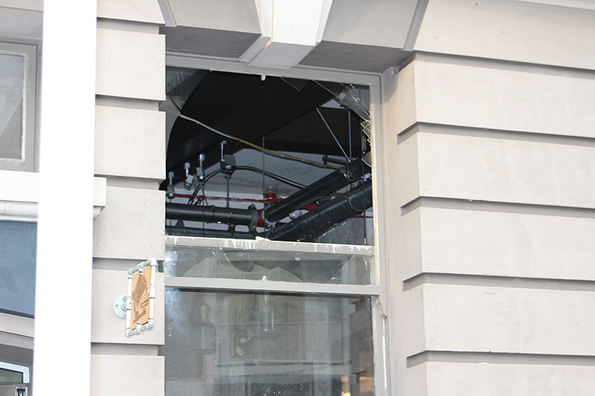 The window of the cafe Fondue had been smashed during the incident. 
