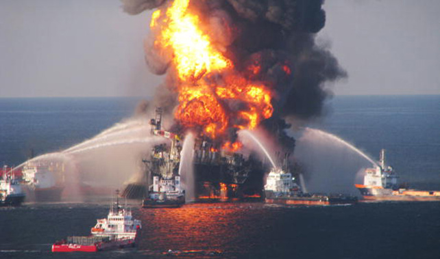 The Deepwater Horizon rig goes up in flames in 2010 (Getty Images) 