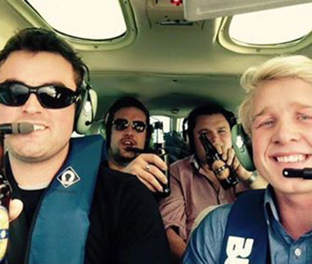 Rhys Hummelstad, Will Moorhouse, Paddy Hannon and Nick Milne chartered their own flight from Blenheim to the super rugby match (Photo / Facebook)