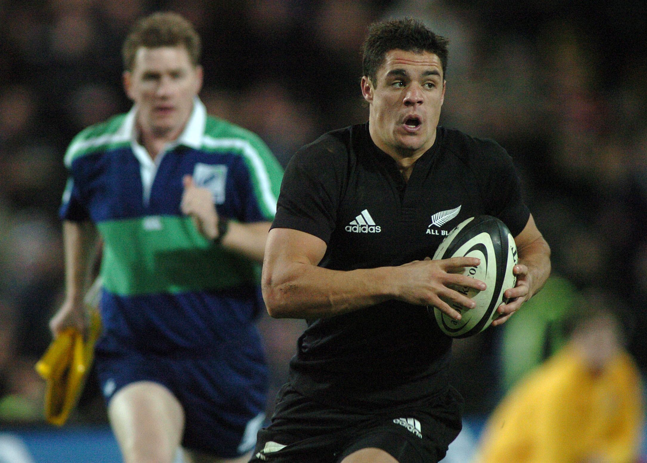 Dan Carter scoring his first try in the second test against the British and Irish Lions - a game that would see Carter getting two tries, five penalties and four conversions for the All Blacks.