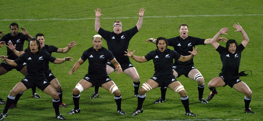 The All Blacks doing the haka at the start of the first test 
