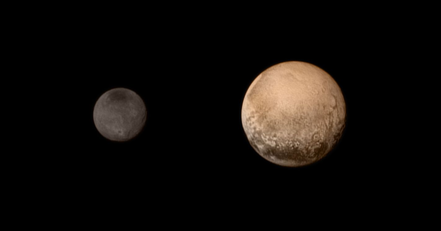 A photo taken by New Horizons of Pluto and its moon, Charon. 